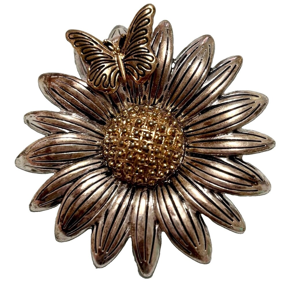 Signed Napier Butterfly Sunflower Daisy Brooch Pin Silver Gold Tone Vintage